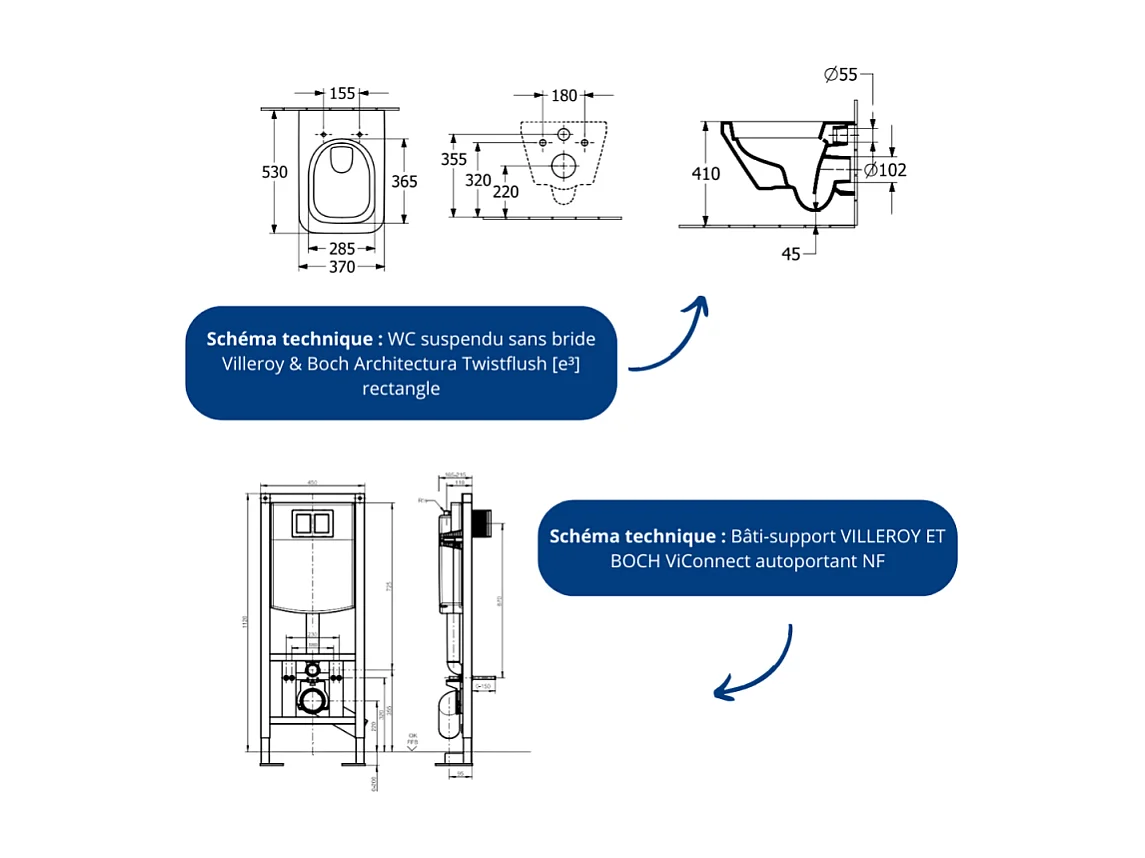 Pack WC suspendu sans bride Villeroy & Boch Architectura Twistflush [e³] rectangle+bâti-support ViConnect+plaque chrome brillant