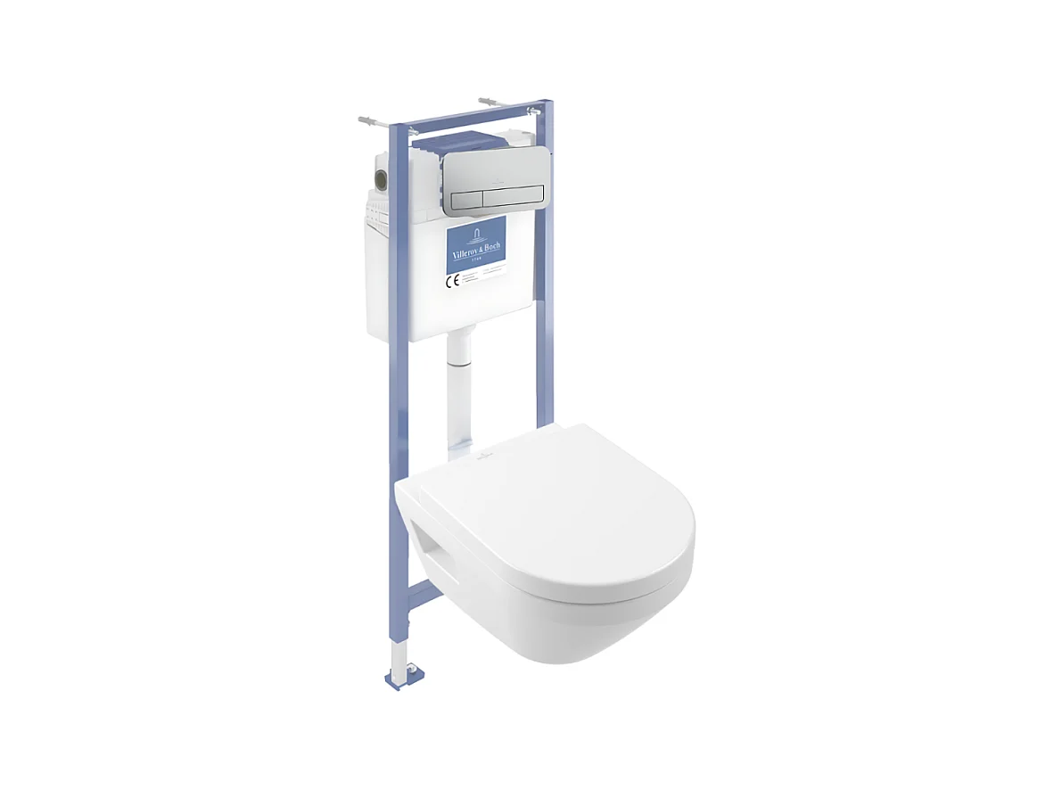 Pack WC suspendu sans bride Villeroy & Boch Architectura Twistflush [e³] rond + bâti-support sol et mur + plaque chrome mat