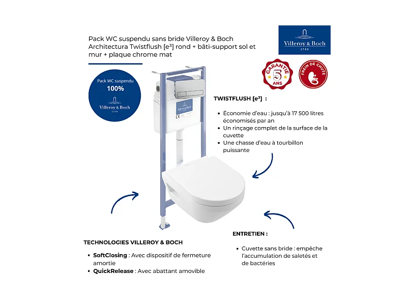 Pack WC suspendu sans bride Villeroy & Boch Architectura Twistflush [e³] rond + bâti-support sol et mur + plaque chrome mat
