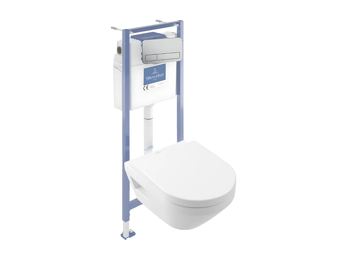 Pack WC suspendu sans bride Villeroy & Boch Architectura Twistflush [e³] rond + bâti-support sol et mur + plaque chrome mat