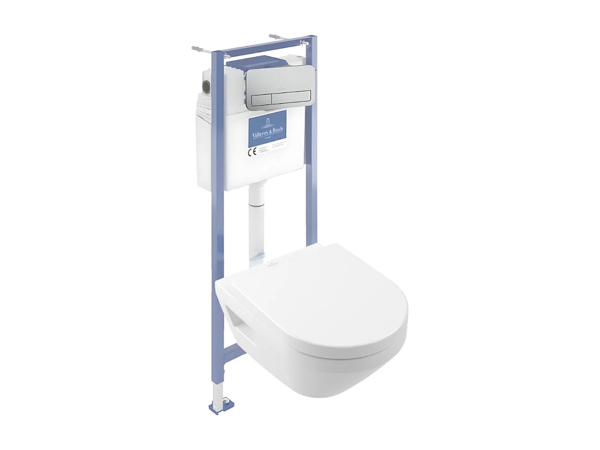Pack WC suspendu sans bride Villeroy & Boch Architectura Twistflush [e³] rond + bâti-support sol et mur + plaque chrome mat