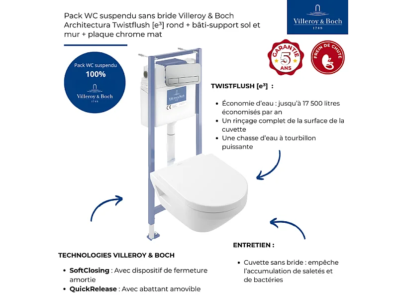 Pack WC suspendu sans bride Villeroy & Boch Architectura Twistflush [e³] rond + bâti-support sol et mur + plaque chrome mat
