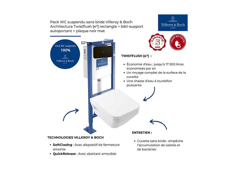 Pack WC suspendu sans bride Villeroy & Boch Architectura Twistflush [e³] rond + bâti-support sol et mur + plaque noir
