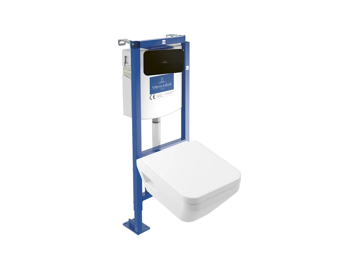 Pack WC suspendu sans bride Villeroy & Boch Architectura Twistflush [e³] rond + bâti-support sol et mur + plaque noir