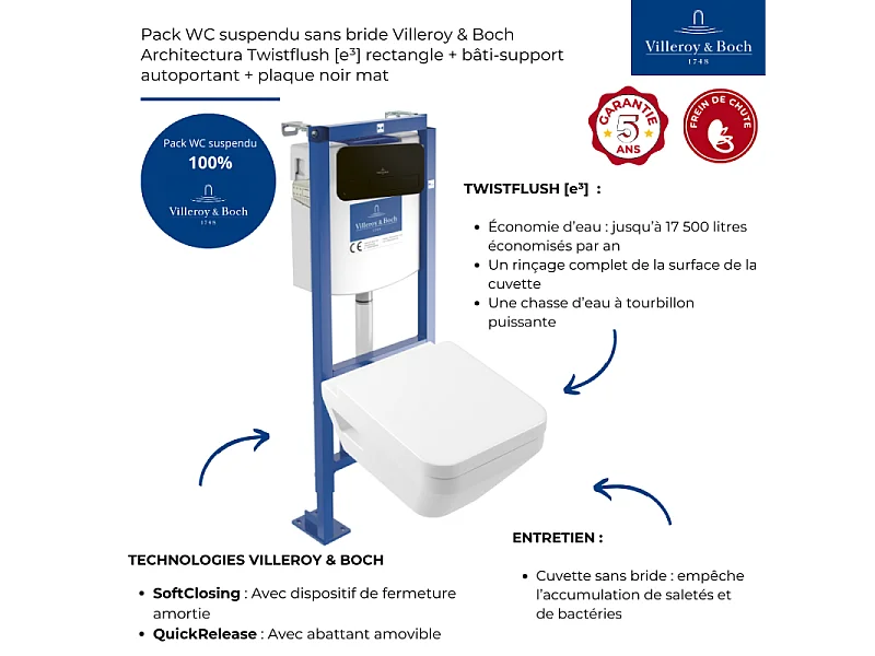 Pack WC suspendu sans bride Villeroy & Boch Architectura Twistflush [e³] rectangle + bâti-support sol et mur + plaque noir