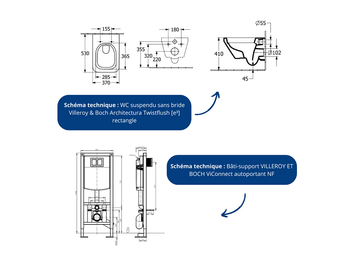 Pack WC suspendu sans bride Villeroy & Boch Architectura Twistflush [e³] rectangle + bâti-support sol et mur + plaque noir