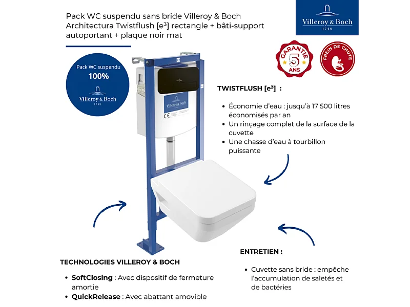 Pack WC suspendu sans bride Villeroy & Boch Architectura Twistflush [e³] rectangle + bâti-support sol et mur + plaque noir