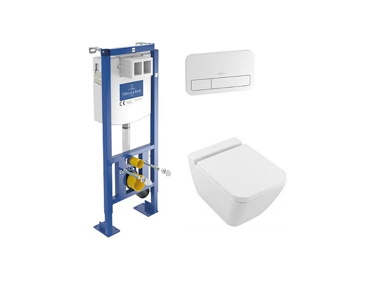 Pack WC suspendu sans bride VILLEROY ET BOCH Finion + abattant + plaque blanche + bâti