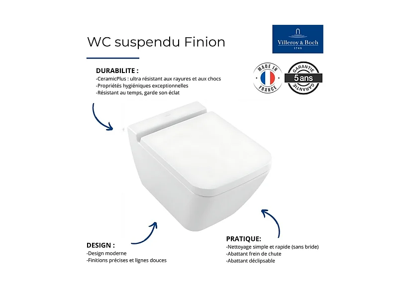 Pack WC suspendu sans bride VILLEROY ET BOCH Finion + abattant + plaque blanche + bâti