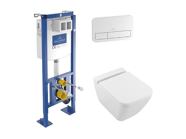 Pack WC suspendu sans bride VILLEROY ET BOCH Finion + abattant + plaque blanche + bâti