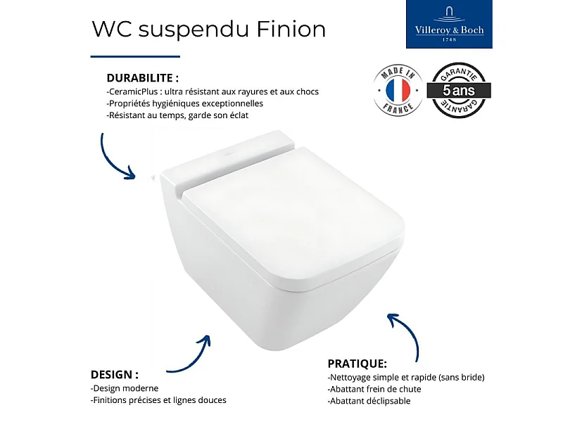Pack WC suspendu sans bride VILLEROY ET BOCH Finion + abattant + plaque blanche + bâti
