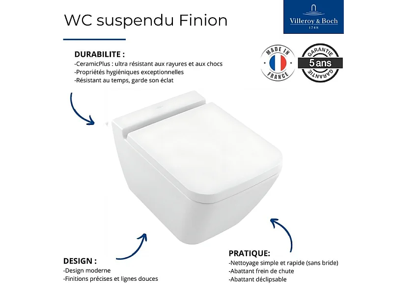 Pack WC suspendu sans bride VILLEROY ET BOCH Finion + abattant + plaque blanche + bâti