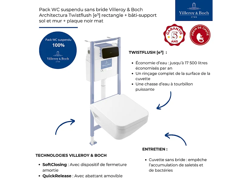 Pack WC suspendu sans bride Villeroy & Boch Architectura Twistflush [e³] rectangle + bâti-support sol et mur + plaque noir