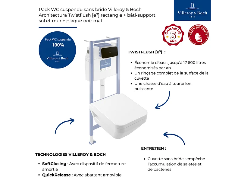 Pack WC suspendu sans bride Villeroy & Boch Architectura Twistflush [e³] rectangle + bâti-support sol et mur + plaque noir