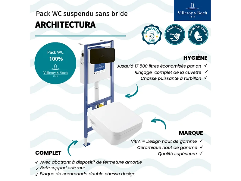 Pack WC suspendu sans bride Villeroy & Boch Architectura Twistflush [e³] rectangle + bâti-support sol et mur + plaque noir