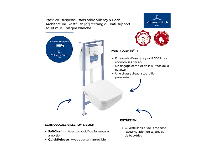 Pack WC suspendu sans bride Villeroy & Boch Architectura Twistflush [e³] rectangle + bâti-support sol et mur + plaque blanc