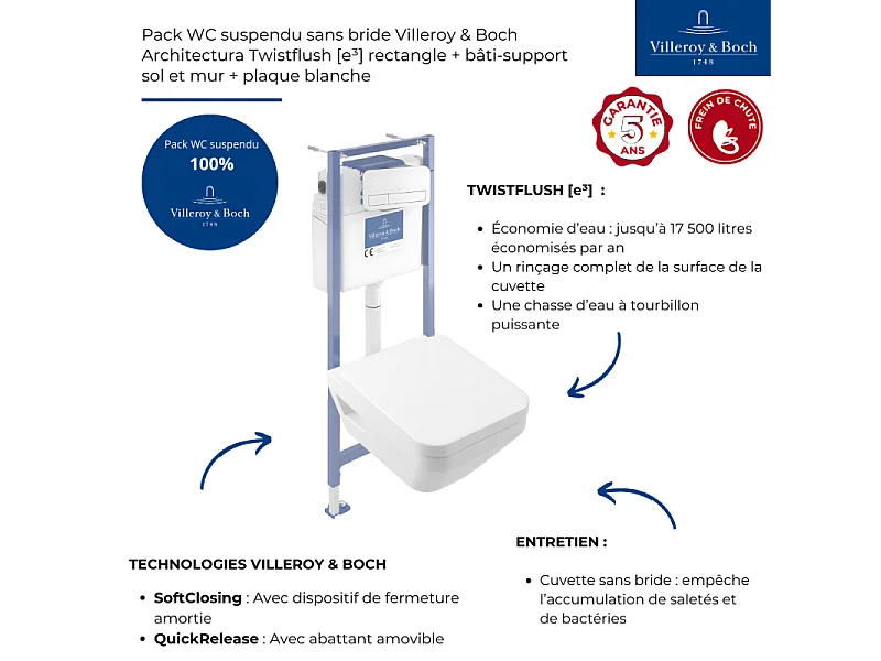 Pack WC suspendu sans bride Villeroy & Boch Architectura Twistflush [e³] rectangle + bâti-support sol et mur + plaque blanc