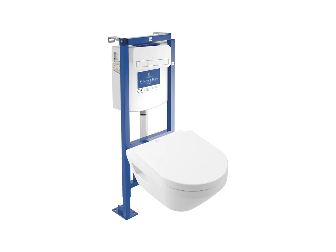 Pack WC suspendu sans bride Villeroy & Boch Architectura Twistflush [e³] rond + bâti-support ViConnect + plaque blanc