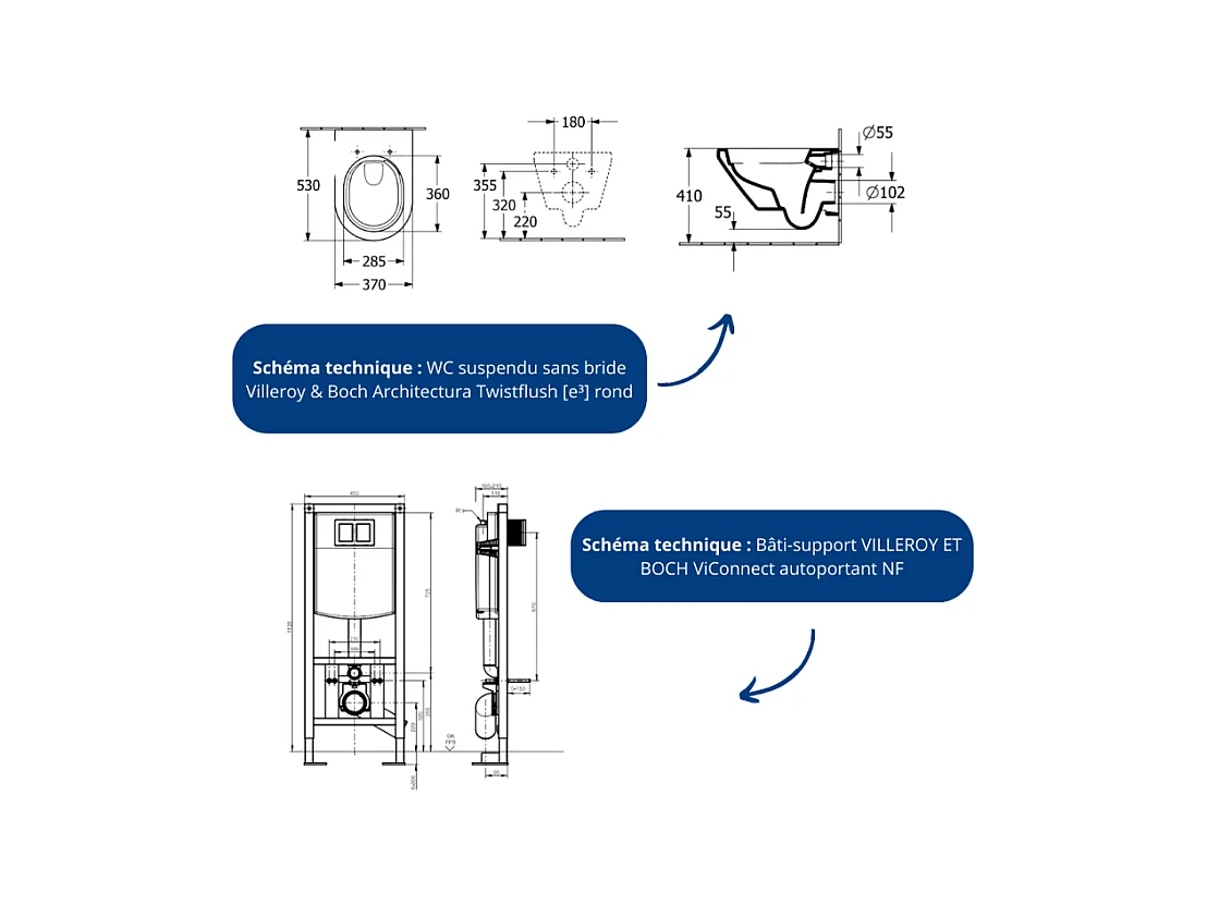 Pack WC suspendu sans bride Villeroy & Boch Architectura Twistflush [e³] rond + bâti-support ViConnect + plaque blanc
