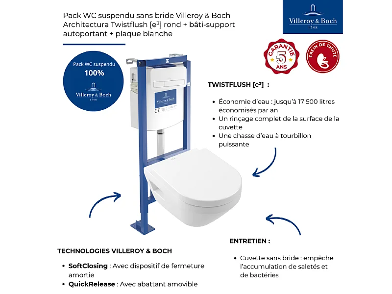 Pack WC suspendu sans bride Villeroy & Boch Architectura Twistflush [e³] rond + bâti-support ViConnect + plaque blanc