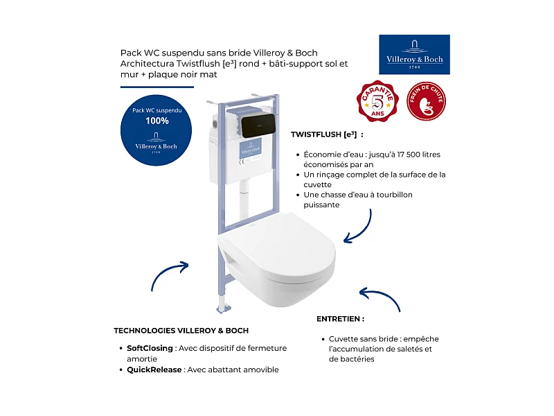 Pack WC suspendu sans bride Villeroy & Boch Architectura Twistflush [e³] rond + bâti-support sol et mur + plaque noir