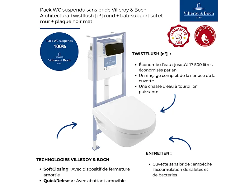 Pack WC suspendu sans bride Villeroy & Boch Architectura Twistflush [e³] rond + bâti-support sol et mur + plaque noir