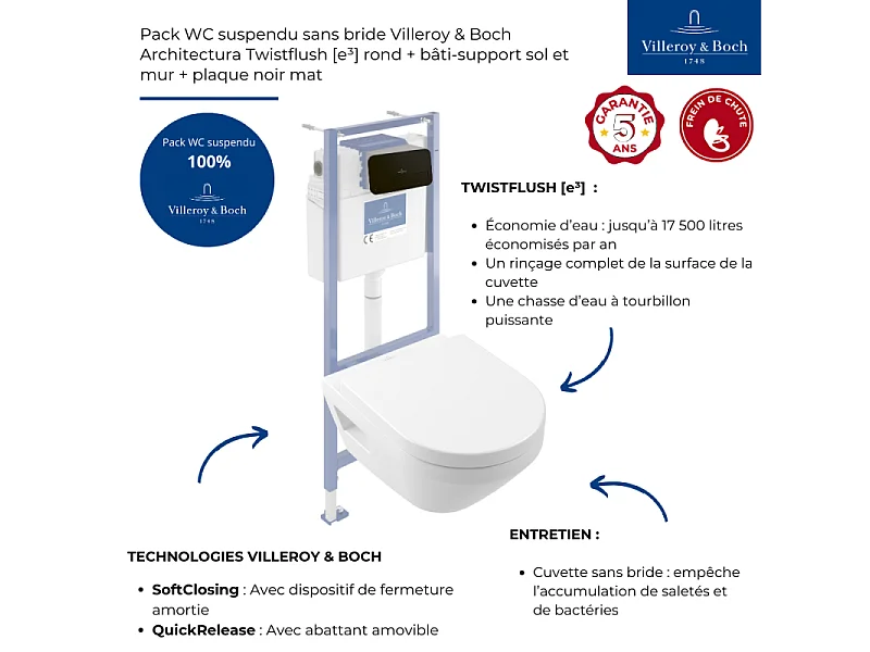 Pack WC suspendu sans bride Villeroy & Boch Architectura Twistflush [e³] rond + bâti-support sol et mur + plaque noir