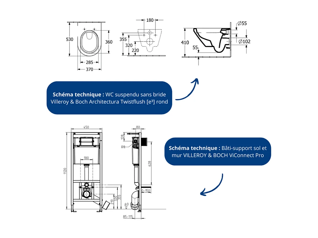 Pack WC suspendu sans bride Villeroy & Boch Architectura Twistflush [e³] rond + bâti-support sol et mur + plaque noir