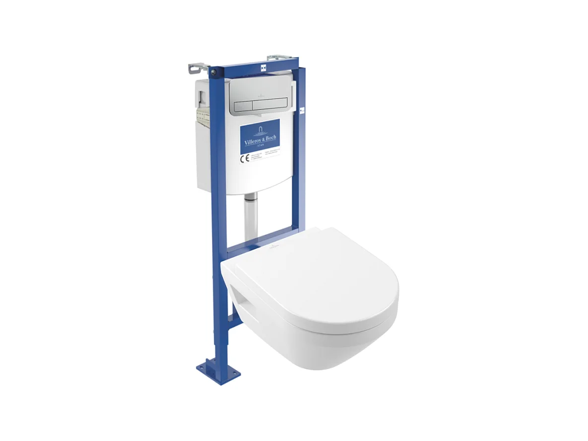 Pack WC suspendu sans bride Villeroy & Boch Architectura Twistflush [e³] rond + bâti-support ViConnect + plaque chrome mat