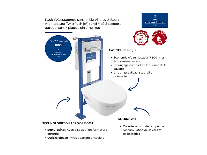 Pack WC suspendu sans bride Villeroy & Boch Architectura Twistflush [e³] rond + bâti-support ViConnect + plaque chrome mat