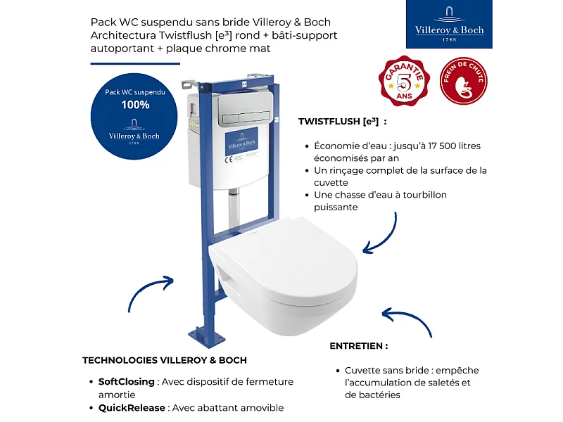 Pack WC suspendu sans bride Villeroy & Boch Architectura Twistflush [e³] rond + bâti-support ViConnect + plaque chrome mat