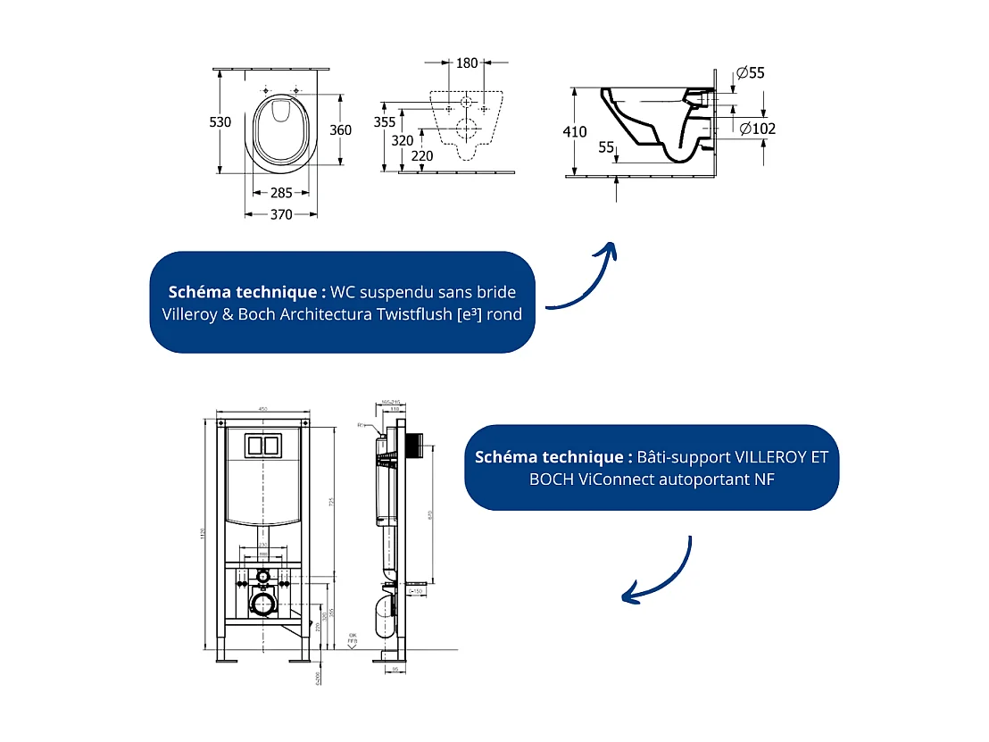 Pack WC suspendu sans bride Villeroy & Boch Architectura Twistflush [e³] rond + bâti-support ViConnect + plaque chrome mat