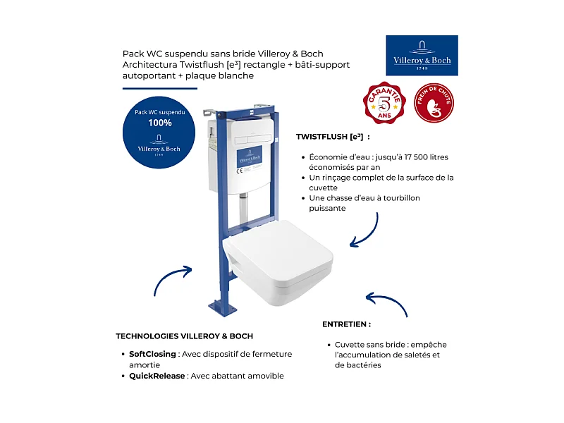 Pack WC suspendu sans bride Villeroy & Boch Architectura Twistflush [e³] rectangle + bâti-support ViConnect + plaque blanc