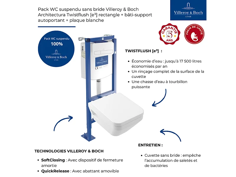 Pack WC suspendu sans bride Villeroy & Boch Architectura Twistflush [e³] rectangle + bâti-support ViConnect + plaque blanc