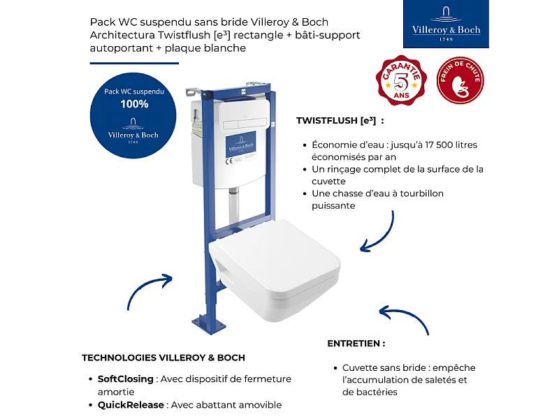 Pack WC suspendu sans bride Villeroy & Boch Architectura Twistflush [e³] rectangle + bâti-support ViConnect + plaque blanc