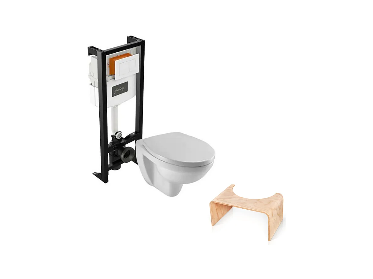 Pack WC suspendu sans bride JACOB DELAFON Patio + tabouret physiologique bois