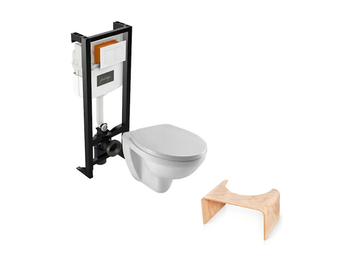 Pack WC suspendu sans bride JACOB DELAFON Patio + tabouret physiologique bois