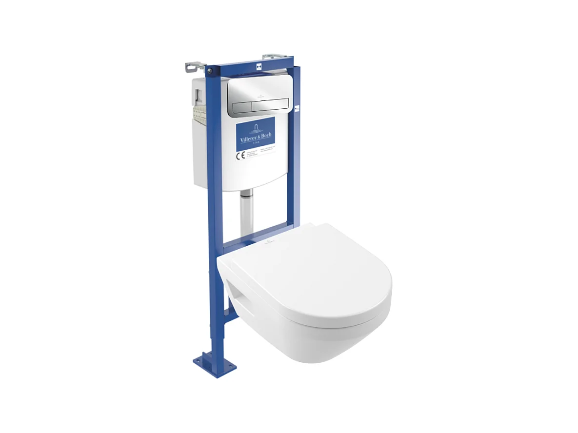 Pack WC suspendu sans bride Villeroy & Boch Architectura Twistflush [e³] rond + bâti-support ViConnect + plaque chrome brillant
