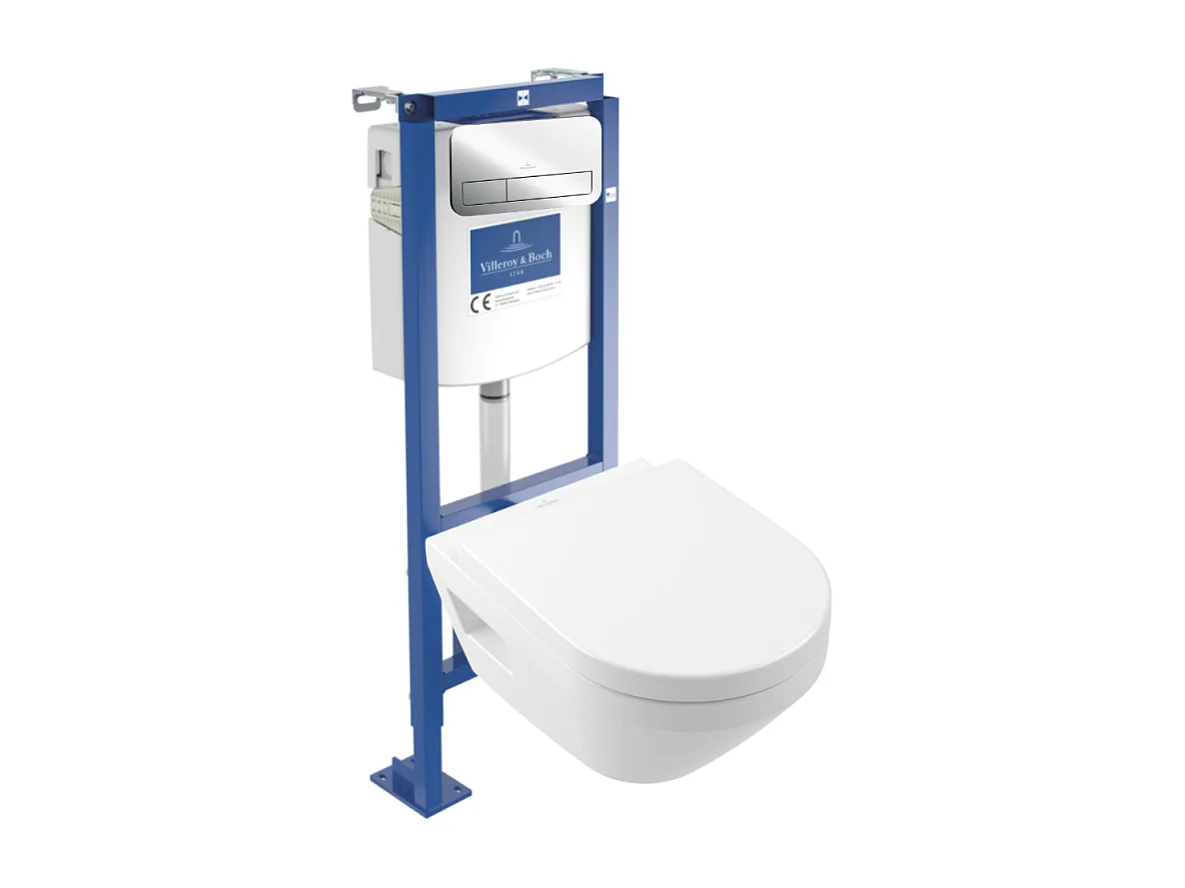 Pack WC suspendu sans bride Villeroy & Boch Architectura Twistflush [e³] rond + bâti-support ViConnect + plaque chrome brillant