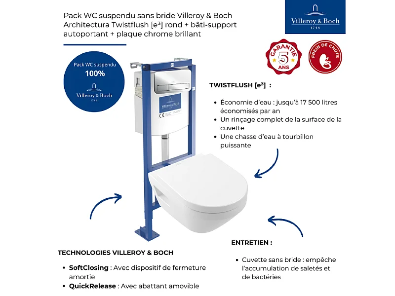 Pack WC suspendu sans bride Villeroy & Boch Architectura Twistflush [e³] rond + bâti-support ViConnect + plaque chrome brillant