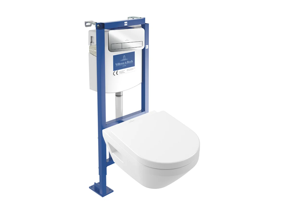 Pack WC suspendu sans bride Villeroy & Boch Architectura Twistflush [e³] rond + bâti-support ViConnect + plaque chrome brillant