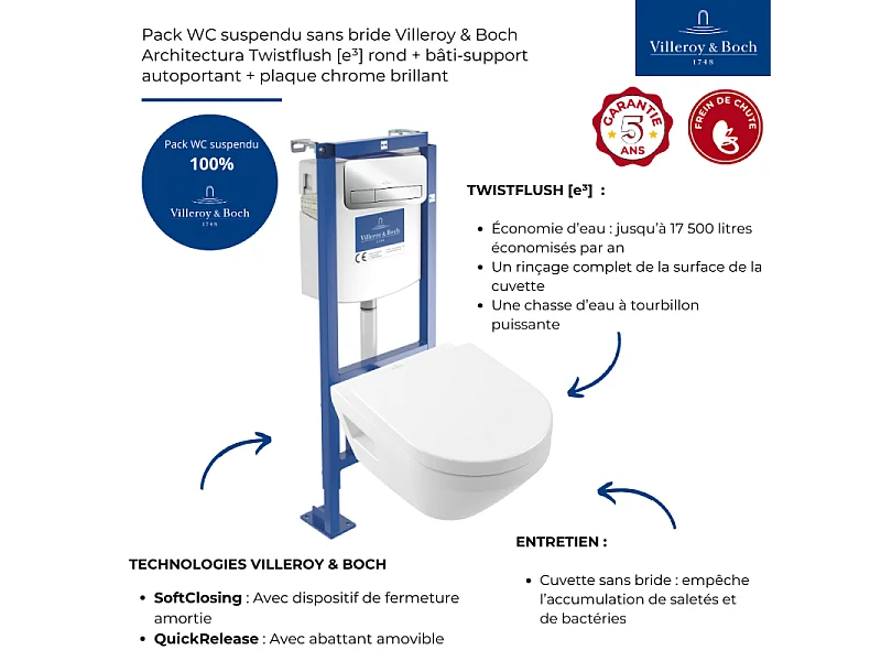 Pack WC suspendu sans bride Villeroy & Boch Architectura Twistflush [e³] rond + bâti-support ViConnect + plaque chrome brillant