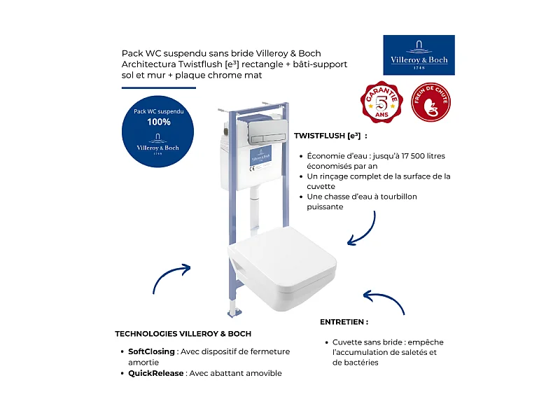 Pack WC suspendu sans bride Villeroy & Boch Architectura Twistflush [e³] rectangle + bâti-support sol et mur + plaque chrome mat