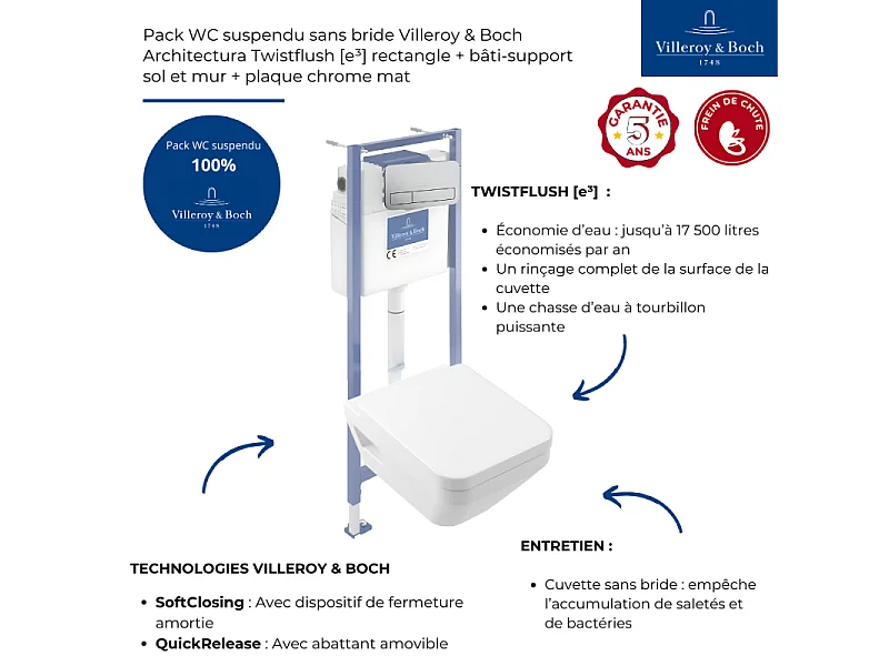 Pack WC suspendu sans bride Villeroy & Boch Architectura Twistflush [e³] rectangle + bâti-support sol et mur + plaque chrome mat