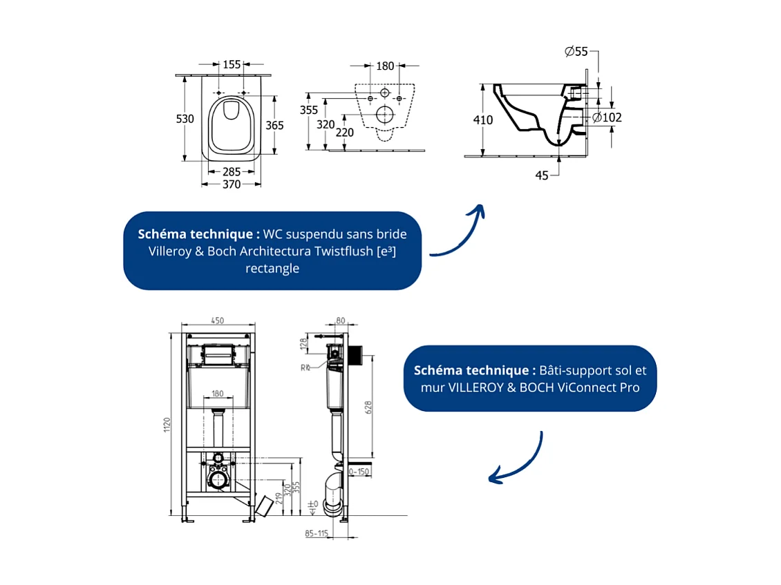 Pack WC suspendu sans bride Villeroy & Boch Architectura Twistflush [e³] rectangle + bâti-support sol et mur + plaque chrome mat
