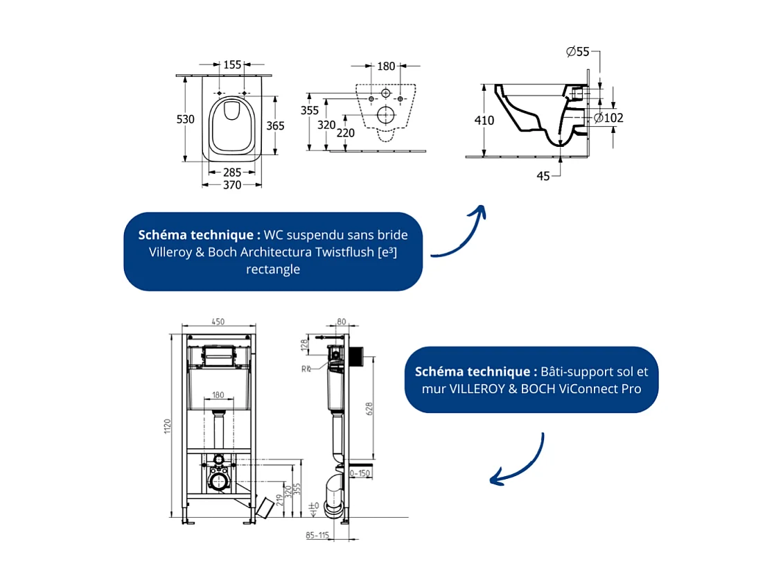 Pack WC suspendu sans bride Villeroy & Boch Architectura Twistflush [e³] rectangle + bâti-support sol et mur + plaque chrome mat