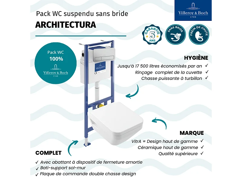 Pack WC suspendu sans bride Villeroy & Boch Architectura Twistflush [e³] rectangle + bâti-support sol et mur + plaque chrome mat