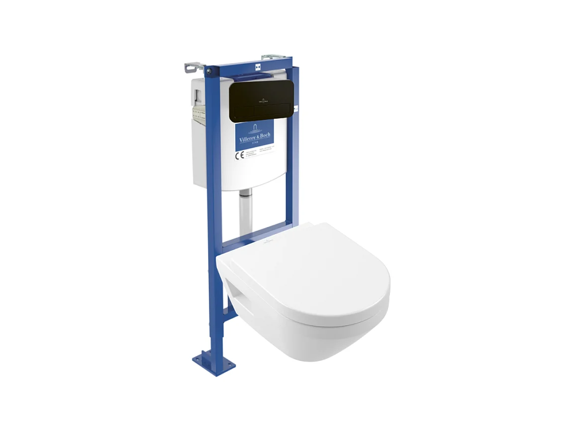Pack WC suspendu sans bride Villeroy & Boch Architectura Twistflush [e³] rond + bâti-support ViConnect + plaque noir