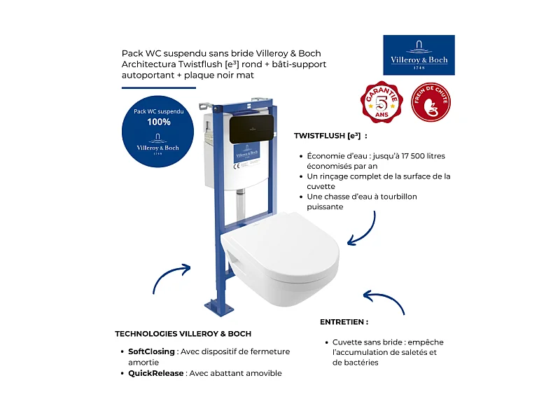 Pack WC suspendu sans bride Villeroy & Boch Architectura Twistflush [e³] rond + bâti-support ViConnect + plaque noir