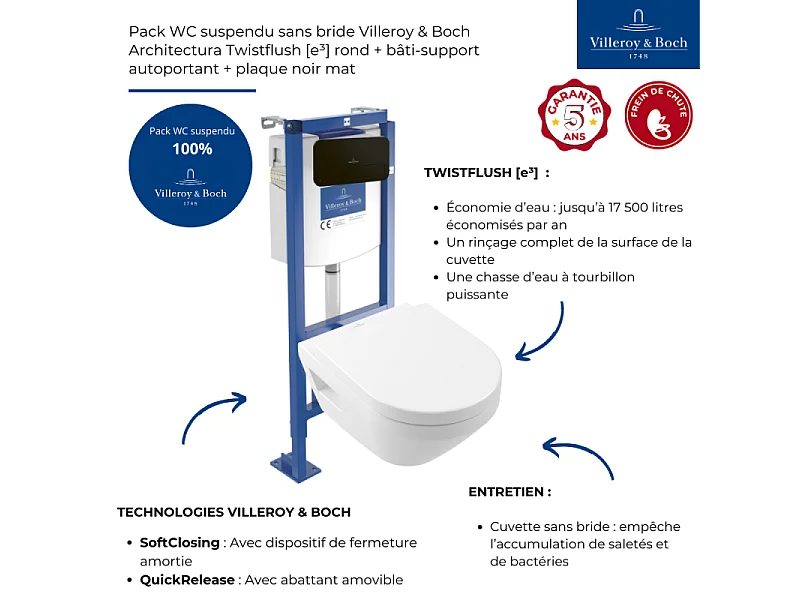Pack WC suspendu sans bride Villeroy & Boch Architectura Twistflush [e³] rond + bâti-support ViConnect + plaque noir